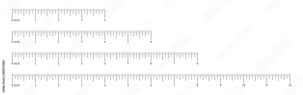 Set measuring charts with 4, 6, 8, 12 inches. Collection of templates rulers scale with numbers. Length measurement math, distance, height. Sewing tool. Vector illustration. Set measuring charts with 4, 6, 8, 12 inches. Collection of templates rulers scale with numbers. Length measurement math, distance, height. Sewing tool. Vector illustration.