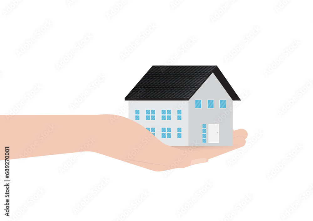 Hand Holding House. House Real Estate Property. House Loan, Mortgage or Renting House Concept. Vector Illustration. Hand Holding House. House Real Estate Property. House Loan, Mortgage or Renting House Concept. Vector Illustration.