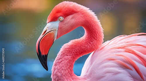A close-up of a pink flamingo bird. © Elchin Abilov