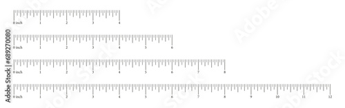 Set measuring charts with 4, 6, 8, 12 inches. Collection of templates rulers scale with numbers. Length measurement math, distance, height. Sewing tool. Vector illustration.