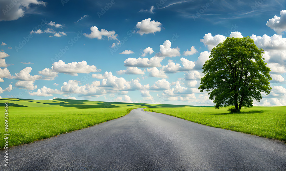 Fototapeta premium Scenic landscape with lush green field and road