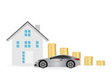 House and Car with Coin Stack. House Real Estate Property. Saving Money for House and Car. House Loan or Mortgage Concept. 