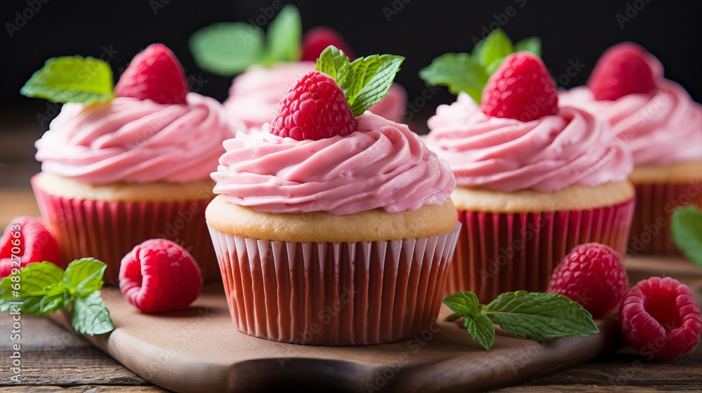 Close-up of raspberry cupcakes and a candy bar.