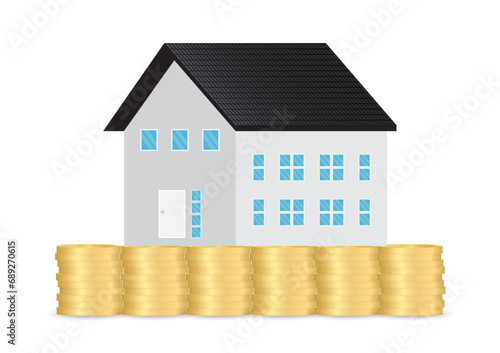 House with Coin Stack. House Real Estate Property. Saving Money for House and Car. House Loan or Mortgage Concept. 