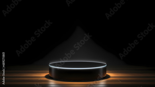 potlight opening show black product podium background 3d stage display of blank interior studio light stand platform or empty pedestal scene room space and exhibition wooden floor on dark backdrop