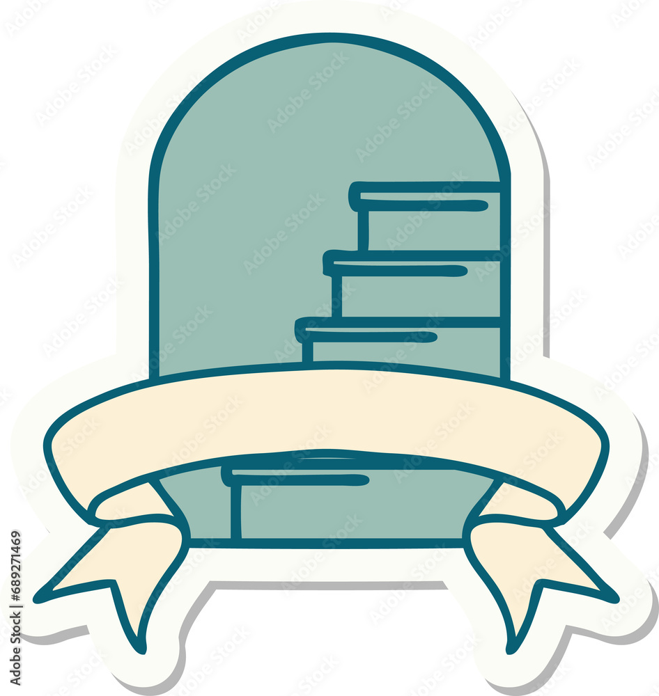 tattoo style sticker with banner of a doorway to steps tattoo style sticker with banner of a doorway to steps