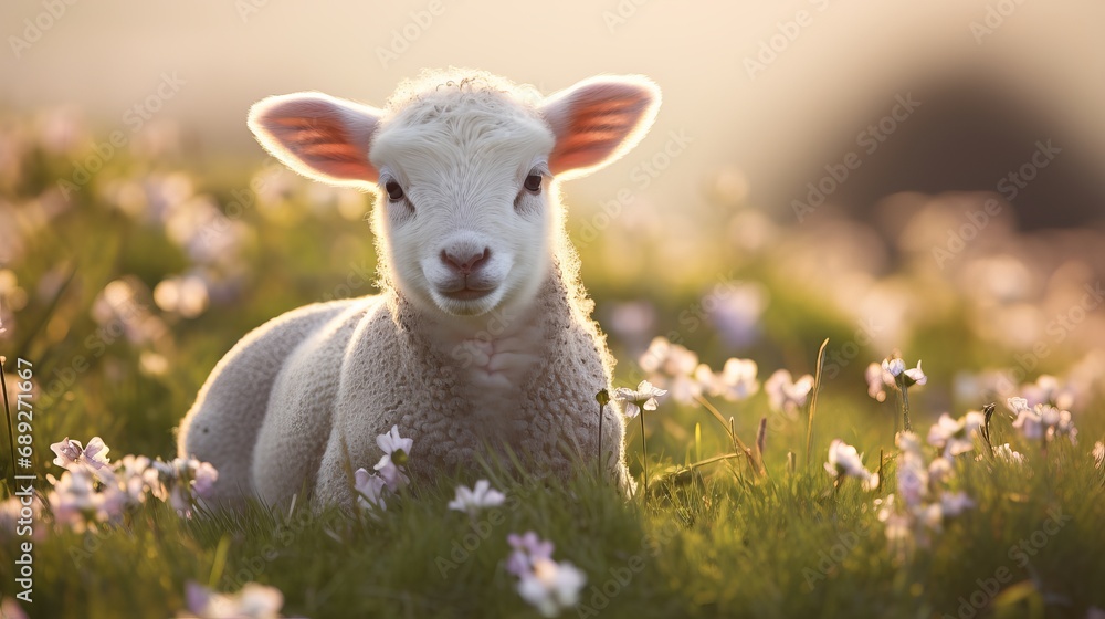 Springtime is being enjoyed by a cute lamb on the meadow.