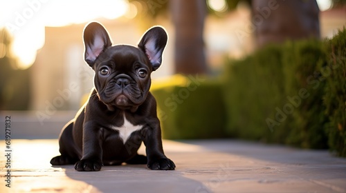 The camera is being looked at by a cute french bulldog puppy who is sitting outside.