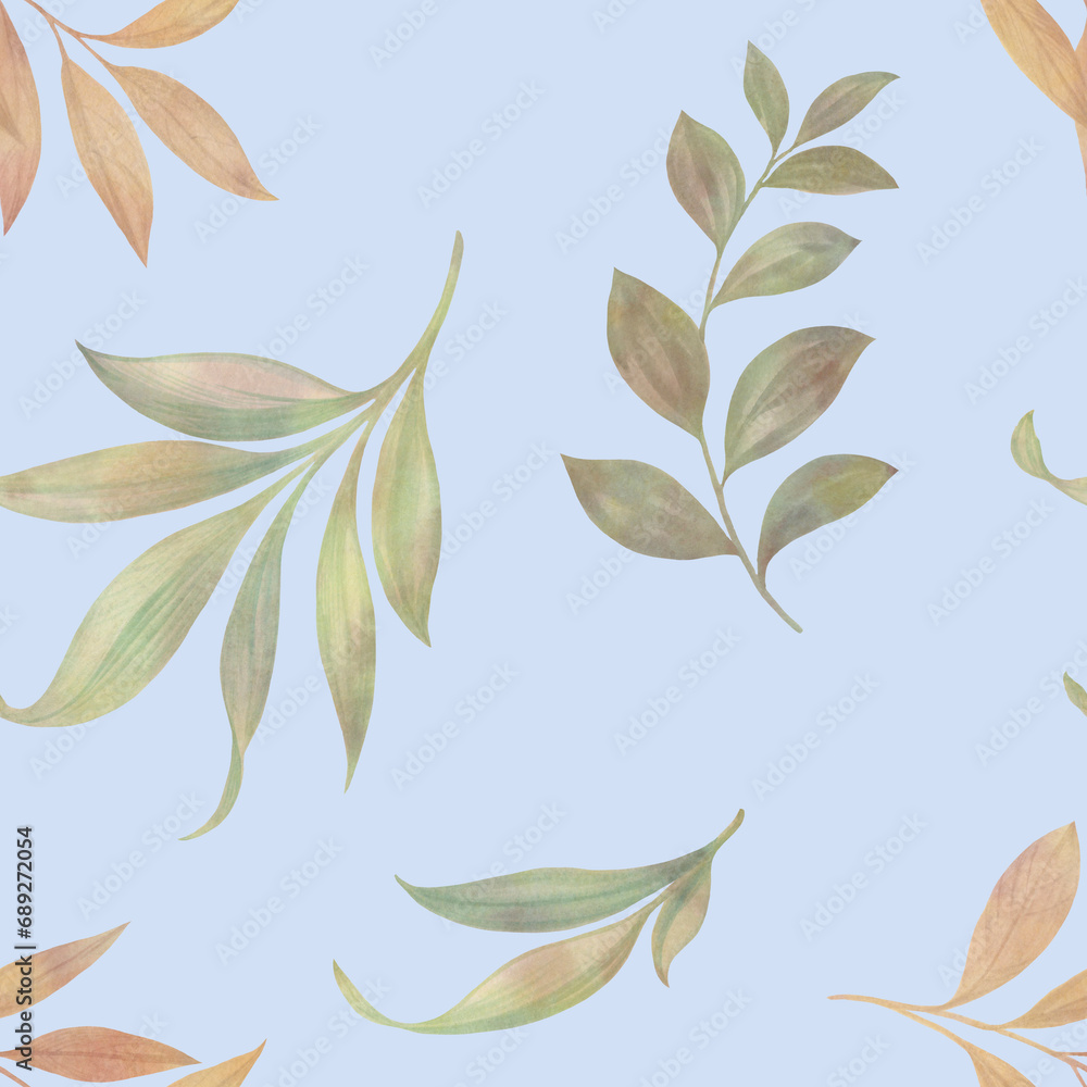 seamless abstract botanical pattern, drawn watercolor leaves on a blue background
