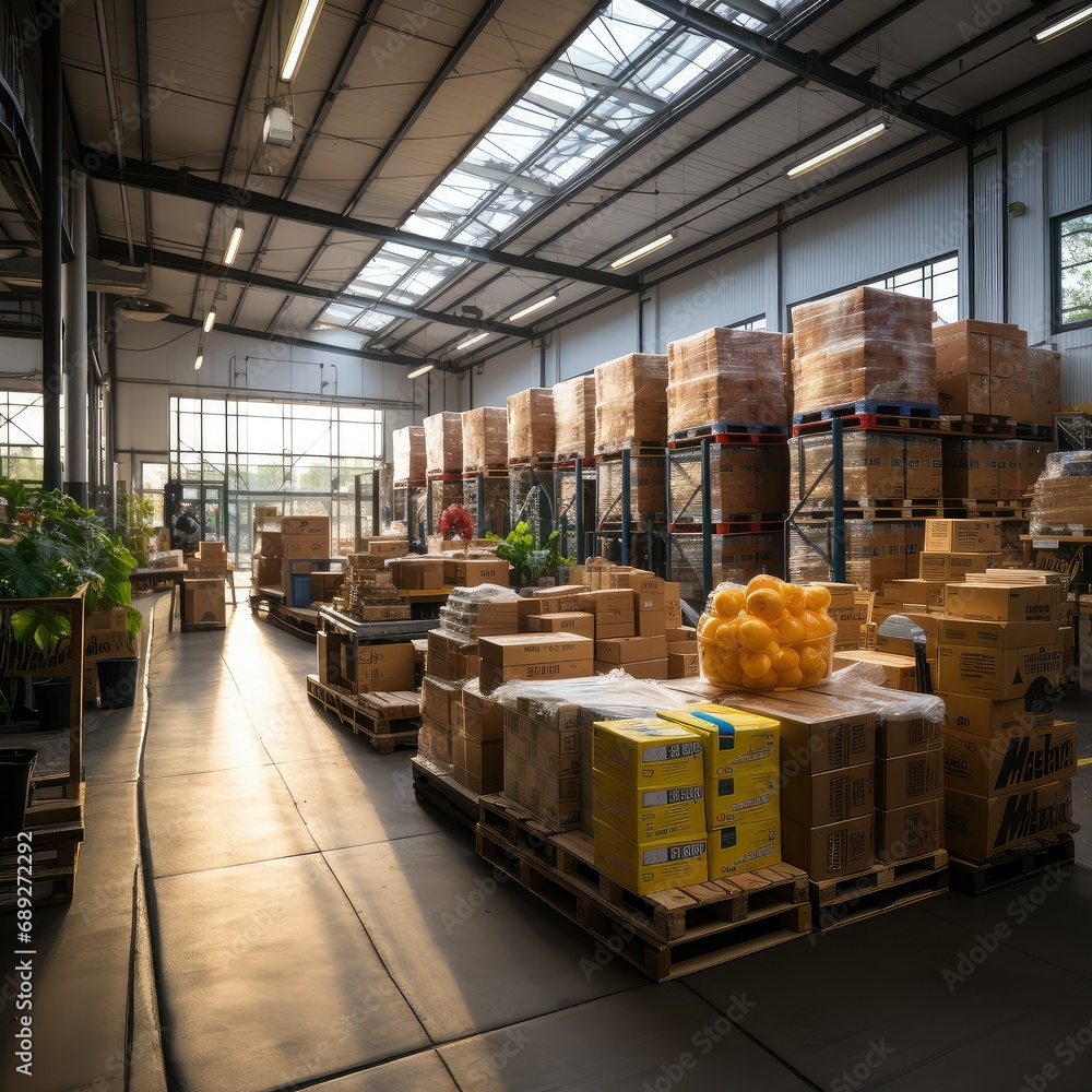 warehouse indoor view, with a temperature-controlled storage area displaying boxes of perishable goods or delicate products, Storehouse - obrazy, fototapety, plakaty 