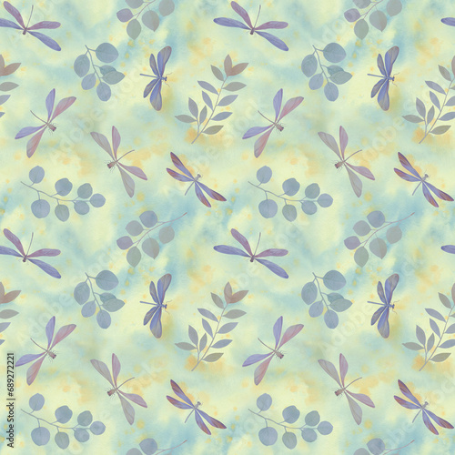 seamless pattern of watercolor flowers  dragonflies and butterflies on an abstract background