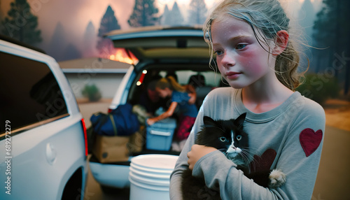 A concerned girl holds his family pet cat in his arms while his family evacuate their home a a wild fire burns nearby .Wildfire evacuation. photo