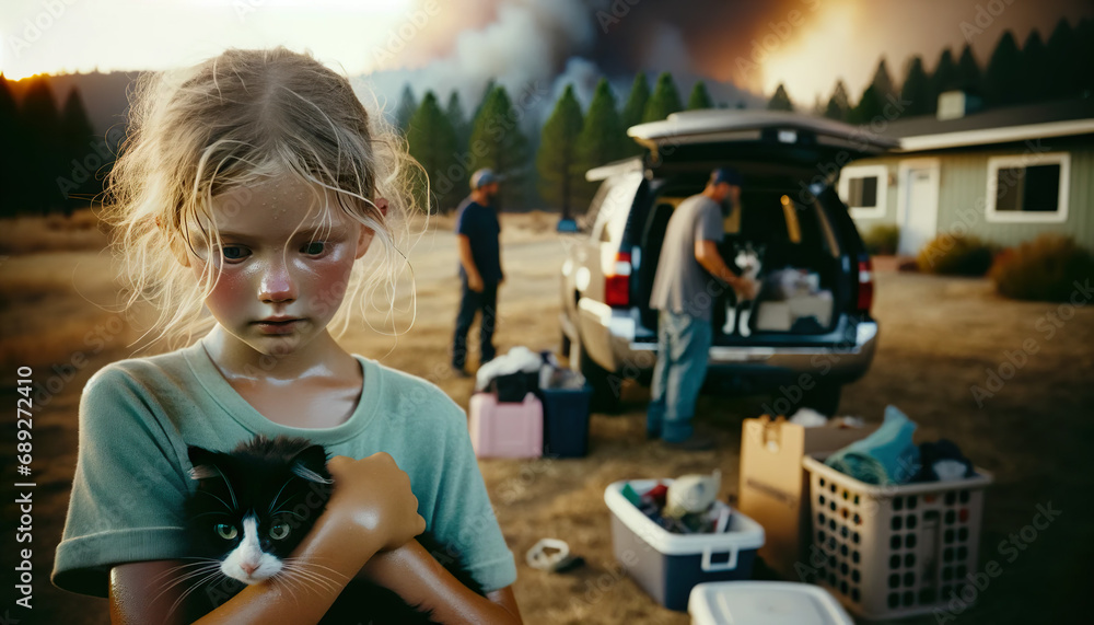 A concerned girl holds his family pet cat in his arms while his family evacuate their home a a wild fire burns nearby 