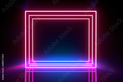 3D rendering capturing the energetic atmosphere of an abstract bright neon frame with a luminous rectangular path for a Web Background Laser Show.