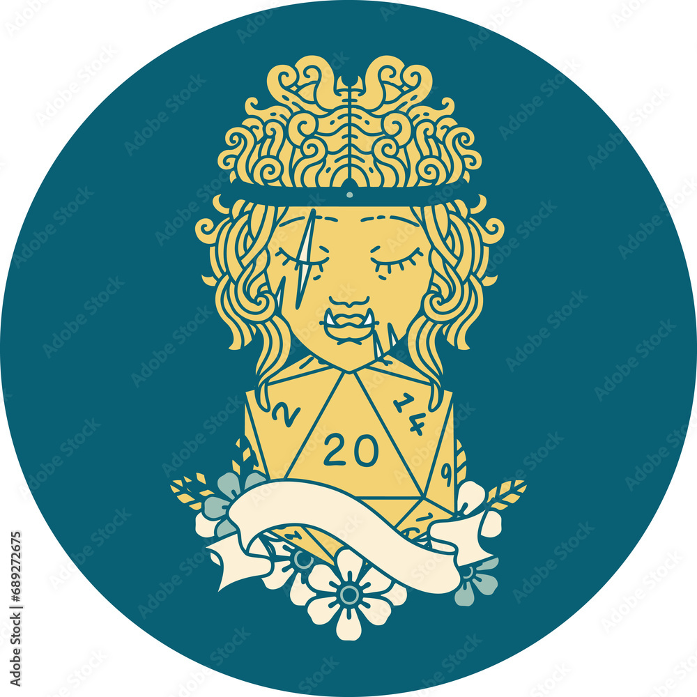 Retro Tattoo Style half orc barbarian character with natural twenty dice roll Retro Tattoo Style half orc barbarian character with natural twenty dice roll