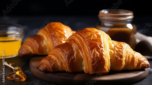 Fresh croissants with butter and orange jam  along with a continental breakfast  are served in front of a dark concrete background.