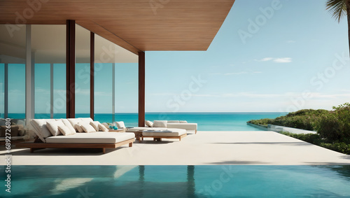 Beachfront Villa with Glass Facade overlooking Turquoise Waters under a Clear Daylight Sky.