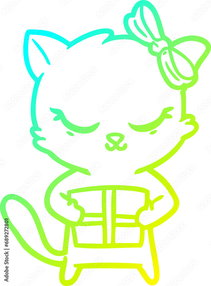 cold gradient line drawing of a cute cartoon cat with bow cold gradient line drawing of a cute cartoon cat with bow