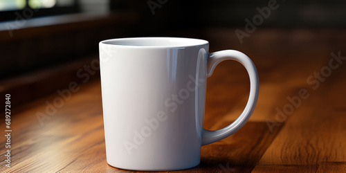 Clean coffee mug mockup on a wooden kitchen table.