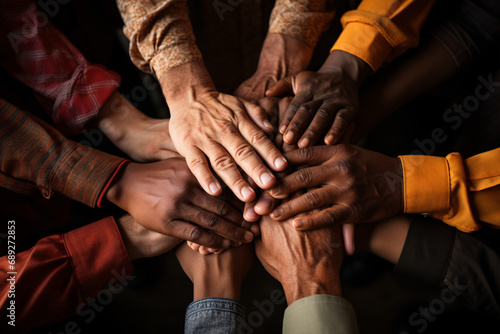 A close-up of an assorted assemblage of hands joined firmly, signifying solidarity and cooperation.