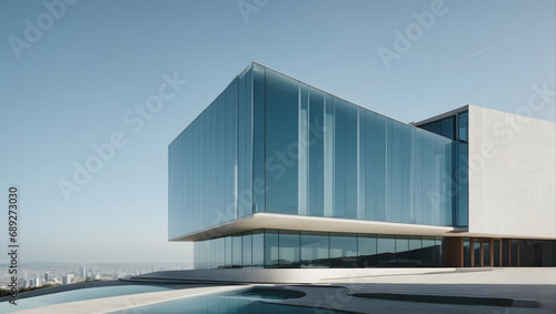 Contemporary Architecture with Glass Panels and Minimalist Aesthetics Amidst a Clear Day Skyline.