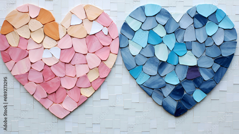 Obraz premium Two hearts blue and pink on a white background.