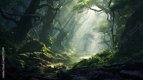 A bewitching woodland with old trees, vaporous haze, and sunbeams streaming through the thick foliage. photo