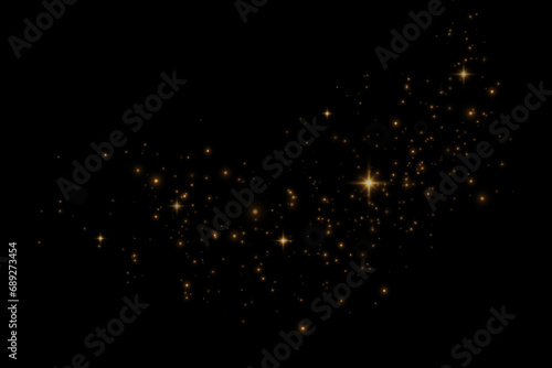 Christmas glowing bokeh confetti light and glitter texture overlay for your design. Festive sparkling gold dust png. Holiday powder dust for cards, invitations, banners, advertising.