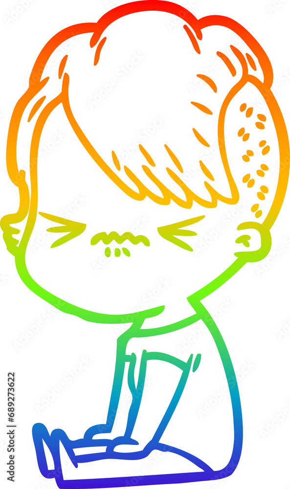 rainbow gradient line drawing of a cartoon annoyed hipster girl rainbow gradient line drawing of a cartoon annoyed hipster girl