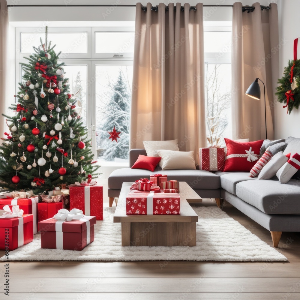 Modern Living Room Interior With Christmas Tree, Gift Boxes, Sofa And coffee table.