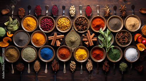 A bird's eye view of an aromatic spice market exhibiting a plethora of vivid spices.