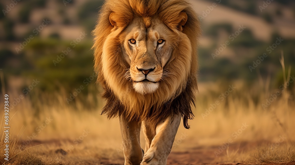 The african savannah is home to a majestic lion that is walking