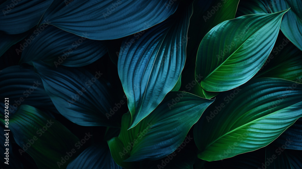 A close-up macro texture of a tropical forest Spathiphyllum Cannifolium plant in a dark nature background with bright blue and green leaves provides a curved leaf. A close-up macro texture of a tropical forest Spathiphyllum Cannifolium plant in a dark nature background with bright blue and green leaves provides a curved leaf.