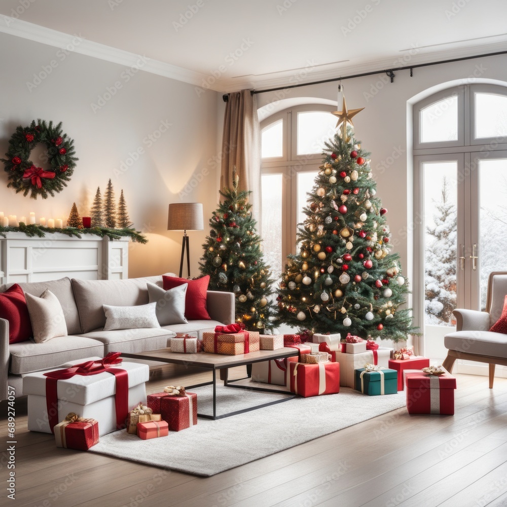 Modern Living Room Interior With Christmas Tree, Gift Boxes, Sofa And coffee table.