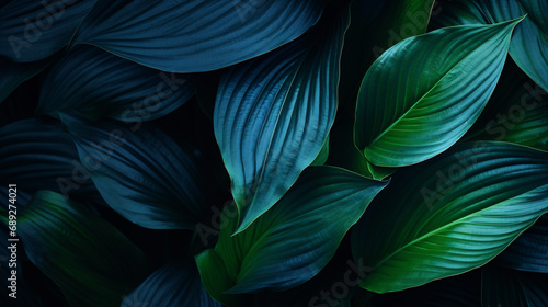 A close-up macro texture of a tropical forest Spathiphyllum Cannifolium plant in a dark nature background with bright blue and green leaves provides a curved leaf.