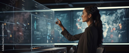 A businesswoman giving a presentation in a high-tech conference room with touch screen displays. generative AI