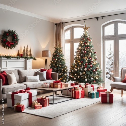 Modern Living Room Interior With Christmas Tree  Gift Boxes  Sofa And coffee table.