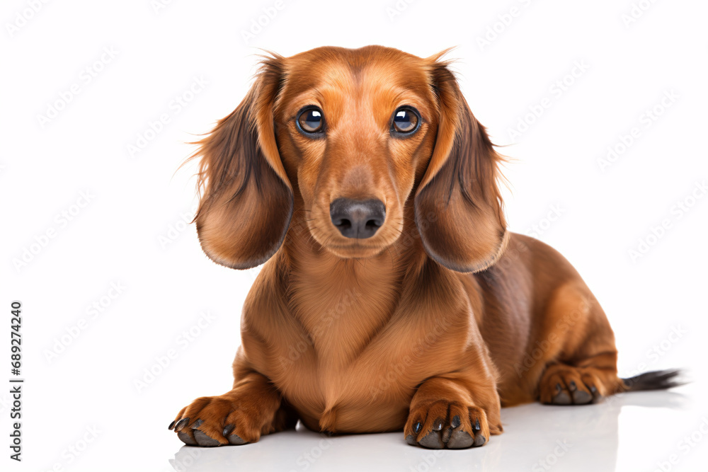A dachshund is presented in an isolated position on a plain white background.