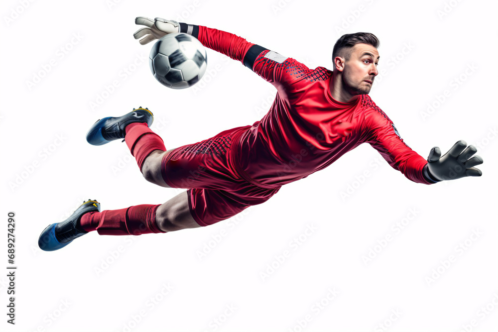 A professional goalkeeper can be seen here jumping and catching the soccer ball against a white backdrop, evoking ideas of athleticism, motion, and achievement.