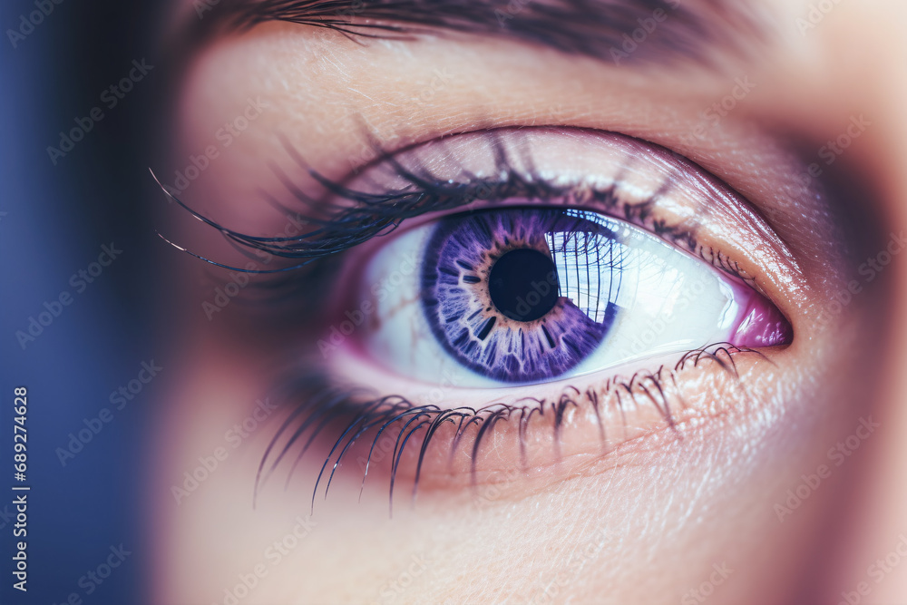 Fototapeta premium A macro photograph of a violet-hued human eye texture with a bright azure lens.