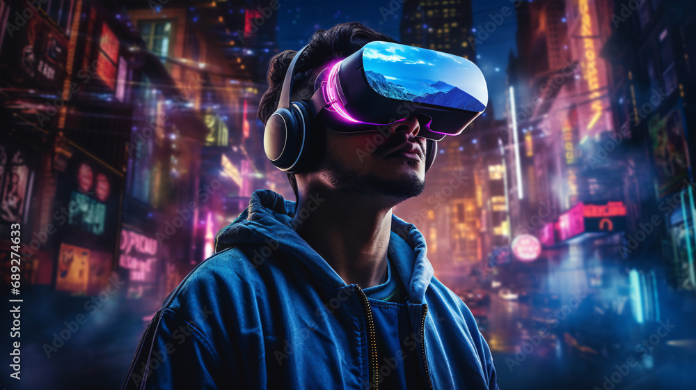Metaverse gaming vibes: Man immersed in virtual reality with AR game and NFT entertainment. Metaverse gaming vibes: Man immersed in virtual reality with AR game and NFT entertainment.