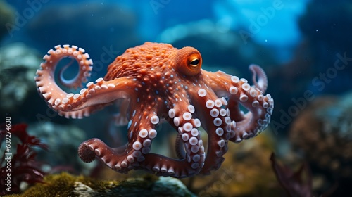 An octopus with tentacles is swimming in a peaceful underwater adventure.