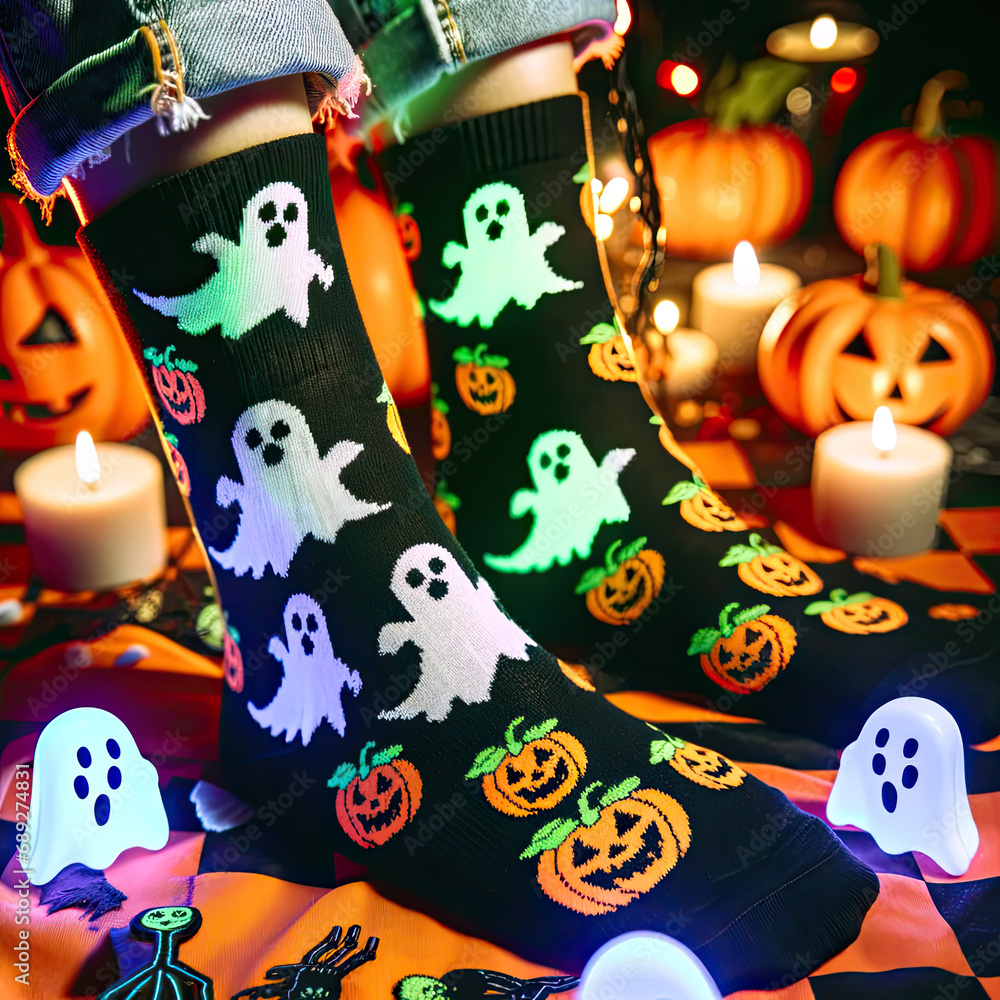 Halloween-themed socks featuring ghosts and pumpkins, designed to glow in the dark at a costume party Halloween-themed socks featuring ghosts and pumpkins, designed to glow in the dark at a costume party