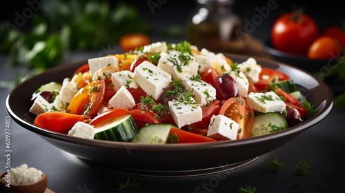 A Greek salad with cheese and veggie mix is perching atop a dark background.