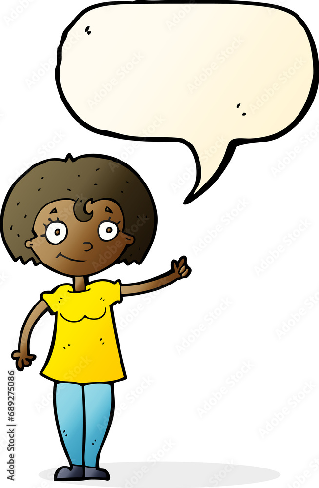 cartoon happy woman pointing with speech bubble cartoon happy woman pointing with speech bubble