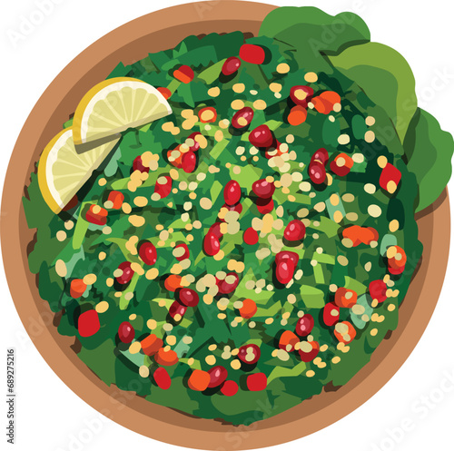 Top View Tabouleh , Tabouli ,  Herb and Bulgar Salad. Middle Eastern Food Illustration Vector.