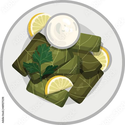 Top View Dolma, Stuffed Grape Leaves. Middle Eastern Food Illustrator Vector.