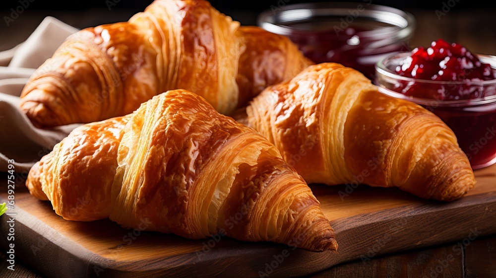 The table has fresh croissants with jam.