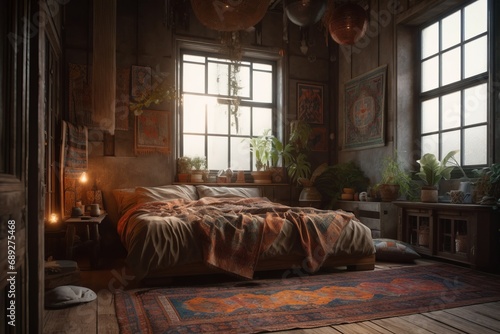 Bedroom interior in Bohemian style with plenty of decor