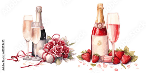 Valentine's Champagne with roses flowers and pink red strawberry wine with glasses vectors